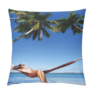 Personality  Young Woman In Bikini Sitting In A Hammock Between Palm Trees, O Pillow Covers
