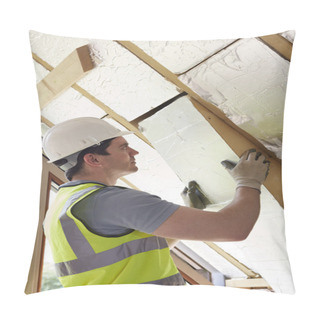 Personality  Builder Fitting Insulation Boards Into Roof Of New Home Pillow Covers