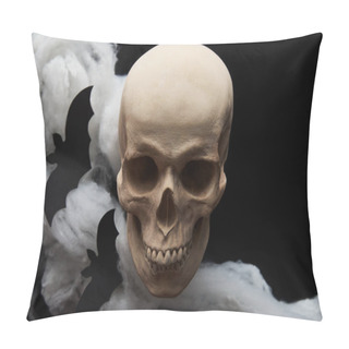 Personality  Bats And Spooky Skull Isolated On Black, Halloween Decoration Pillow Covers