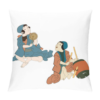 Personality  Japan Culture, Japanese Kids With Drums Playing Music Isolated Vector Illustration. Edo Period Ukiyo-e Boys In Ancient Kimono Children Characters. Pillow Covers