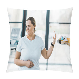 Personality  Cropped View Of Man Holding Plate With Tasty Pastry Near Overweight Woman Showing No Sign Pillow Covers