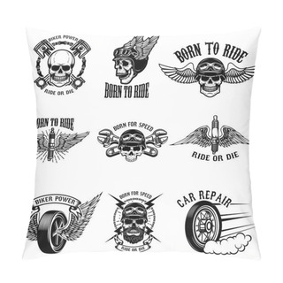Personality  Set Of Biker Emblems On White Background. Racers Skulls With Win Pillow Covers