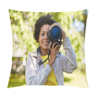 Personality  Happy African Woman With Digital Camera In Park Pillow Covers