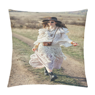 Personality  Beautiful Young Boho Woman Walking On Nature. Freedom Lifestyle Pillow Covers