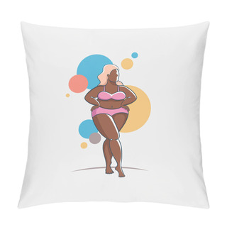 Personality  Vector Illustration With Body Positive Model Dressed In Swimwear. Colorful Poster On The Theme Of Beauty, Fashion And Self Acceptance. Female Cartoon Character Pillow Covers