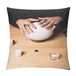 Personality  Cropped View Of Esoteric With Rings On Hands Above Crystal Ball Near Candles  Pillow Covers