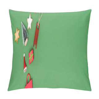 Personality  Website Header Of Christmas Baubles And Cookies On Green Background With Copy Space Pillow Covers