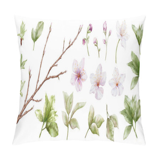 Personality  Set Of Watercolor Cherry Blossoms Blooming Elements. Cherry Blossom, Green Leaves Branch, And Stem Isolated On White Background. Suitable For Decorative Invitations, Posters, Or Cards. Pillow Covers