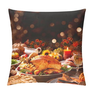 Personality  Thanksgiving Dinner. Roasted Turkey Garnished With Cranberries On A Rustic Style Table Decoraded With Pumpkins, Vegetables, Pie, Flowers And Candles Pillow Covers
