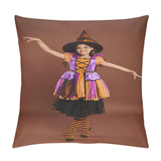 Personality  Graceful Girl In Halloween Costume And Witch Hat Posing On Brown Background, Magic Concept Pillow Covers