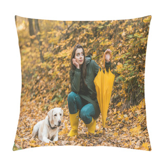 Personality  Attractive Girl With Yellow Umbrella Siting Near Golden Retriever In Autumnal Forest  Pillow Covers