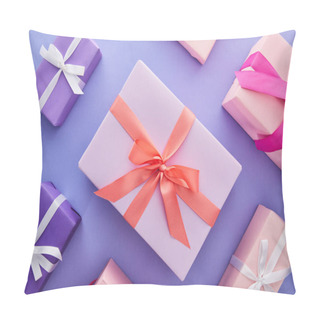 Personality  Flat Lay With Colorful Presents With Bows On Purple Background Pillow Covers