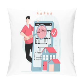 Personality  Real Estate Concept With People Scene In Flat Design. Man With Magnifier Studies House Blueprint Plan In Mobile App Before Choosing And Buying. Illustration With Character Situation For Web Pillow Covers