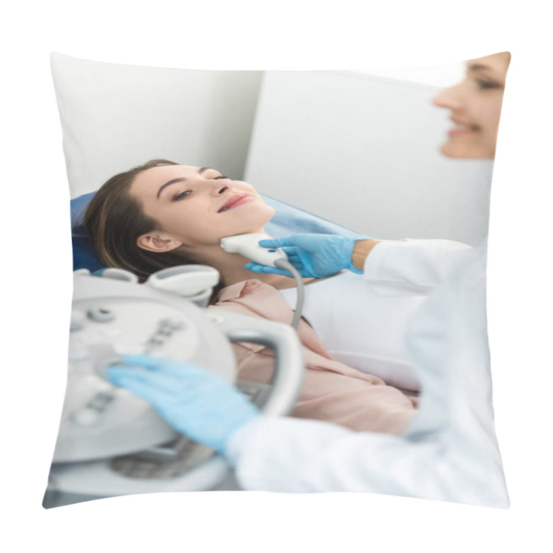 Personality  Doctor Examining Thyroid Of Female Patient With Ultrasound Scan In Clinic Pillow Covers