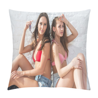 Personality  Female Friends Sitting On Floor Near Wall Looking At Camera Having Fun Wearing Bikini Bra Swimsuit Summer Sunny Day Street Urban Casual Style Pillow Covers