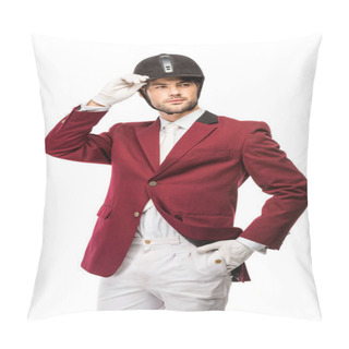 Personality  Handsome Young Horseman In Uniform And Helmet Looking Away Isolated On White Pillow Covers