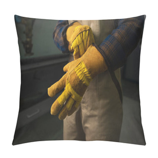 Personality  Cropped View Of Welder Wearing Gloves In Factory  Pillow Covers