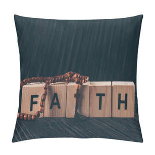 Personality  Wooden Cubes With Word Faith And Cross On Black Table Pillow Covers