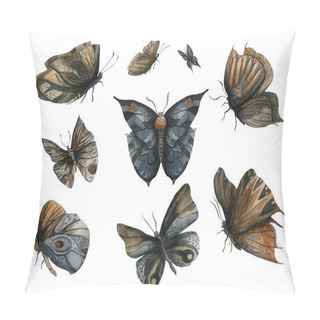 Personality  Night Dark Butterflies Set. Abstract Fantasy Design Elements. Isolated On White Background. Watercolor Illustration Pillow Covers