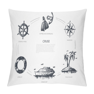 Personality  Cruise - Steering Wheel, Lifebuoy, Cruise Ship, Palm Island, Windrose, Flippers And Snorkeling Vector Concept Set Pillow Covers