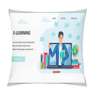 Personality  Online Education, Home Schooling Concept. Male Teacher On Laptop Screen. Place For Text. Website Design. Flat Cartoon Style Design Vector Illustration. Pillow Covers