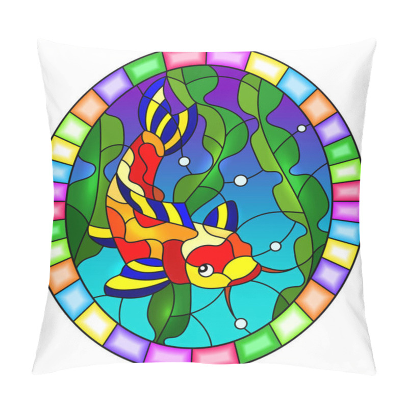 Personality  Illustration in stained glass style with a  fish carp koi  on the background of water and algae, oval image in bright frame pillow covers