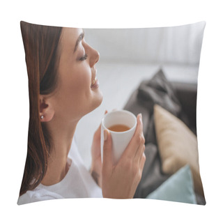 Personality  Side View Of Attractive Woman Holding Cup With Tea  Pillow Covers
