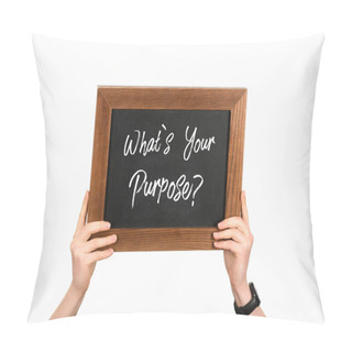 Personality  Cropped View Of Woman Hands Holding Board With Lettering Whats Your Purpose Isolated On White Pillow Covers