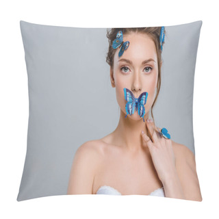 Personality  Attractive Young Woman With Decorative Butterflies On Face Isolated On Grey  Pillow Covers
