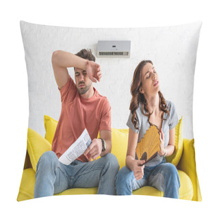 Personality  Pretty Woman With Hand Fan And Handsome Man With Newspaper Suffering From Heat At Home Pillow Covers