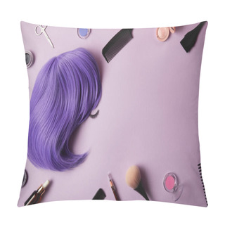 Personality  Top View Of Violet Wig, Makeup Tools And Cosmetics On Purple Pillow Covers
