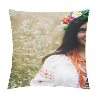 Personality  Beautiful Woman In Colorful Ukrainian Traditional Dress Holding Herself And Enjoying Summer In Field Pillow Covers