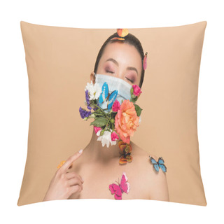 Personality  Beautiful Tender Naked Asian Girl With Closed Eyes In Floral Face Mask With Butterflies Isolated On Beige Pillow Covers