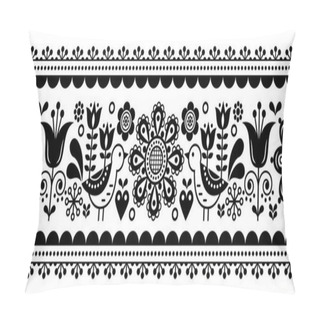 Personality  Scandinavian Seamless Vector Pattern With Flowers And Birds, Nordic Folk Art Repetitive Black And White Ornament    Pillow Covers