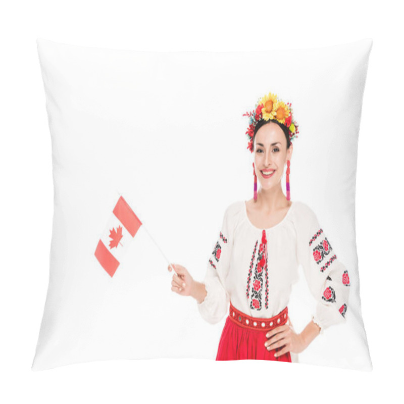 Personality  brunette young woman in national Ukrainian costume holding flag of Canada isolated on white pillow covers