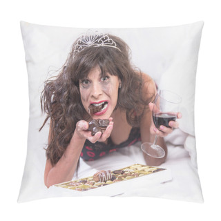 Personality  Upset Woman In Tiara Drinking Wine Pillow Covers