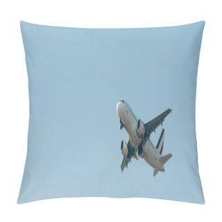Personality  Flight Departure Of Airplane In Blue Sky With Copy Space, Panoramic Shot  Pillow Covers