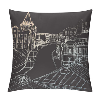 Personality  Vector Trace Of Hand Drawn Sketch Of Architecture Urban Skyline, Ancient Buildings On The Old Street In Kyiv, Ukraine. Blue Gold Doodle Drawing On A Black Background  Pillow Covers