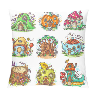 Personality  Cute Cartoon Elven, Fairy Or Gnome Houses In The Form Of Pumpkin, Tree, Teapot, Boot, Apple, Mushroom, Stump Pillow Covers