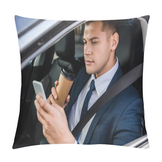 Personality  Young Businessman Using Smartphone And Holding Coffee To Go On Driver Seat In Car Pillow Covers