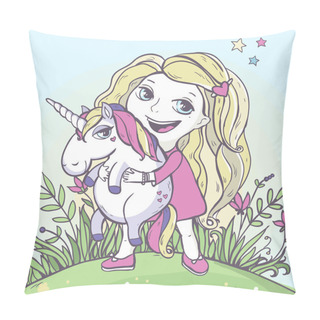 Personality  Girl And Cartoon Magic Unicorn. Pillow Covers
