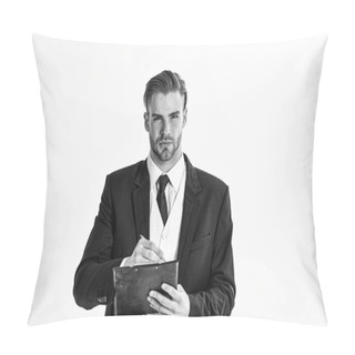 Personality  Business Documents Concept. Man With Serious Face Writes On Plan Pillow Covers