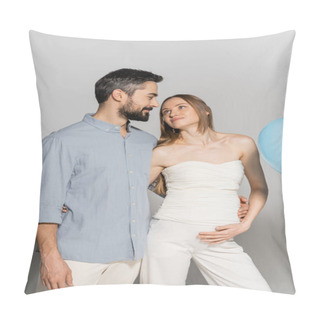 Personality  Smiling And Stylish Bearded Man Hugging And Looking At Pregnant Wife While Standing Near Blue Festive Balloons During Gender Reveal Surprise Party On Grey Background, Expecting Parents Concept Pillow Covers