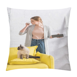 Personality  Young Woman Suffering From Snuffle Near Siamese Cat  Pillow Covers