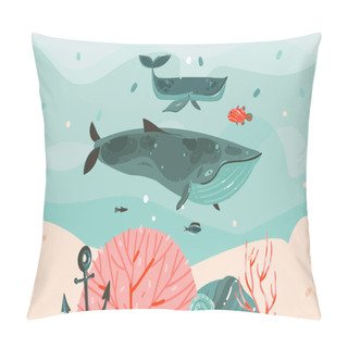 Personality  Hand Drawn Vector Abstract Cartoon Summer Time Graphic Illustrations Template Background With Ocean Bottom,corals Reefs,seaweed And Big Whales Isolated On Blue Water Waves Pillow Covers