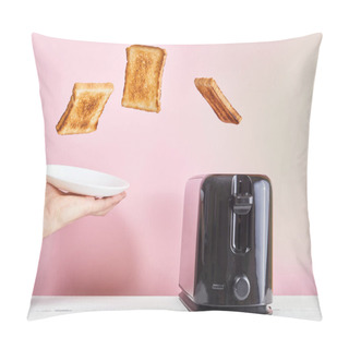 Personality  Toasts Flew Out Of Modern Toaster. Levitation Food And Dish. Delicious Morning Breakfast Concept On A Pink Background. Pillow Covers