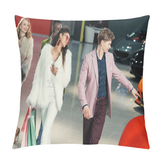 Personality  Group Of Young Shoppers Walking By Showroom And Choosing Car Pillow Covers