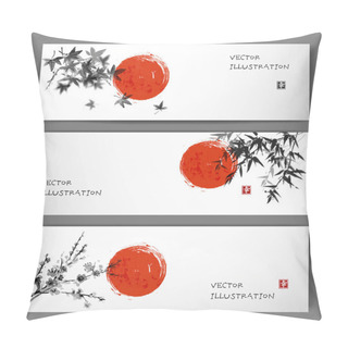 Personality  Three Banners In Traditional Japanese Ink Painting Sumi-e Pillow Covers