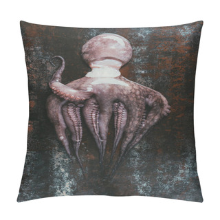 Personality  Top View Of Big Raw Octopus On Dark Rusty Surface Pillow Covers