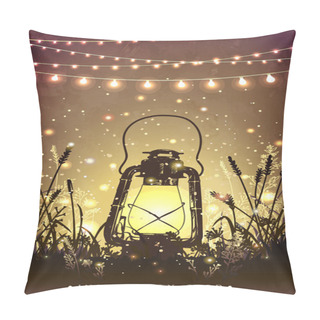 Personality  Amazing Vintage Lanten On Grass With Magical Lights Of Fireflies At Night Sky Background. Unusual Vector Illustration. Inspiration Card For Wedding, Date, Birthday, Tea Or Garden Party  Pillow Covers